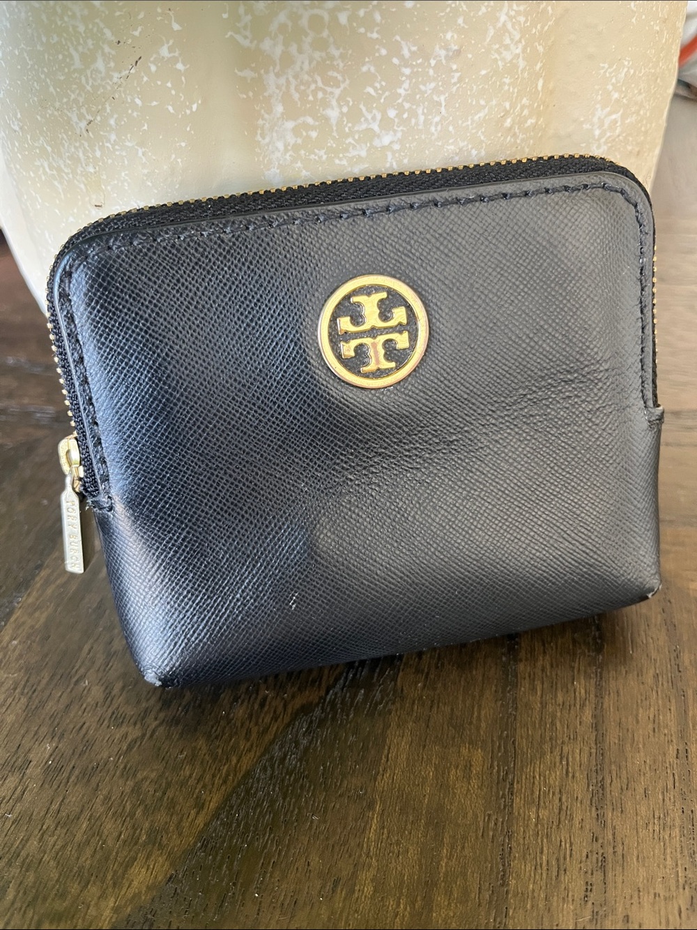 Tory Burch Black Leather Zip Card Wallet with Gold Logo